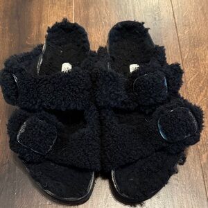 Women's Black Faux-Shearling Comfort Slide Sandals